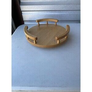 Vintage Oak Wood Lazy Susan Rotating Serving Tray Gallery Rail 12"